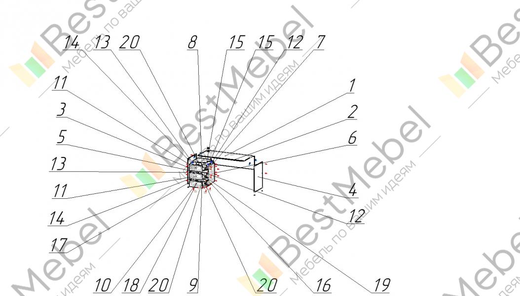 Схема сборки письменного стола с тремя выдвижными ящиками