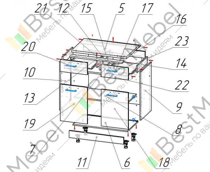 Схема сборки кухонного шкафа с выдвижными ящиками