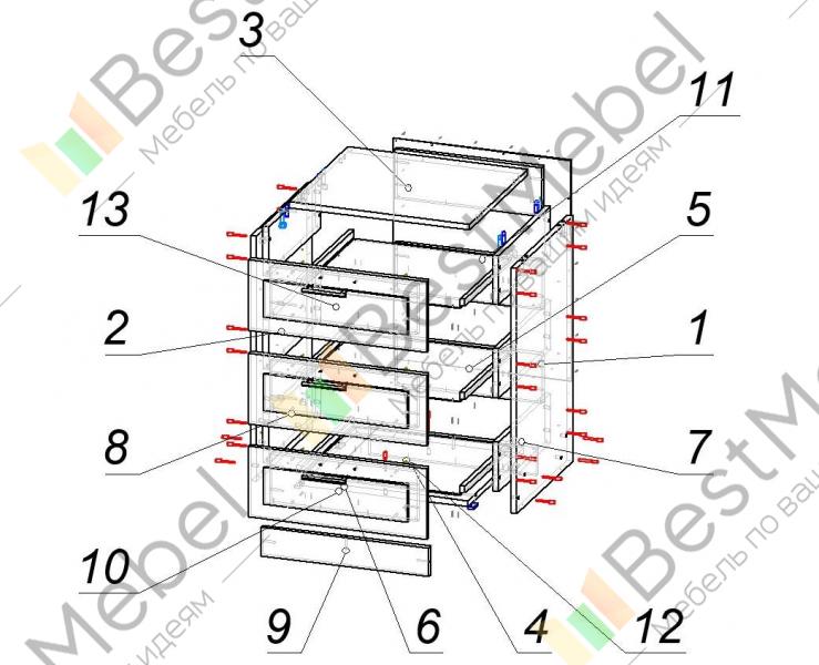 Схема сборки комода 4 ящика 1 дверь - фото