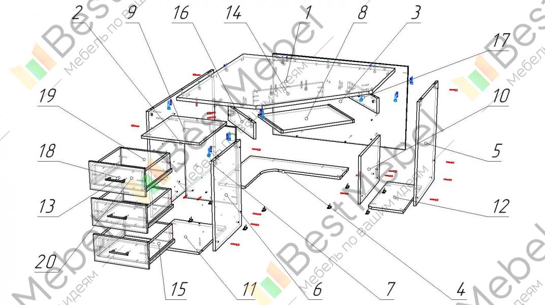 Схема сборки углового компьютерного стола с ящиками