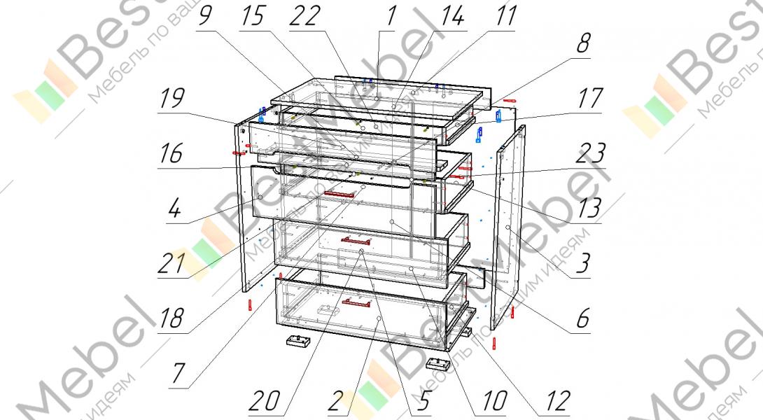 Схема сборки комода 4 ящика с роликовыми направляющими - фабрика Sosnova.ru