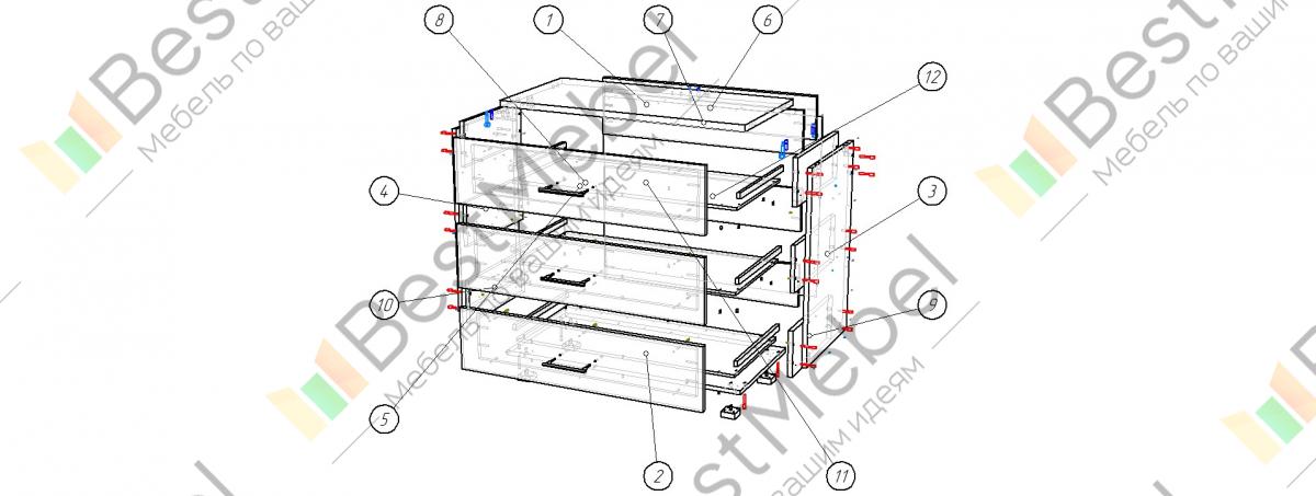 Чертеж комода с выдвижными ящиками