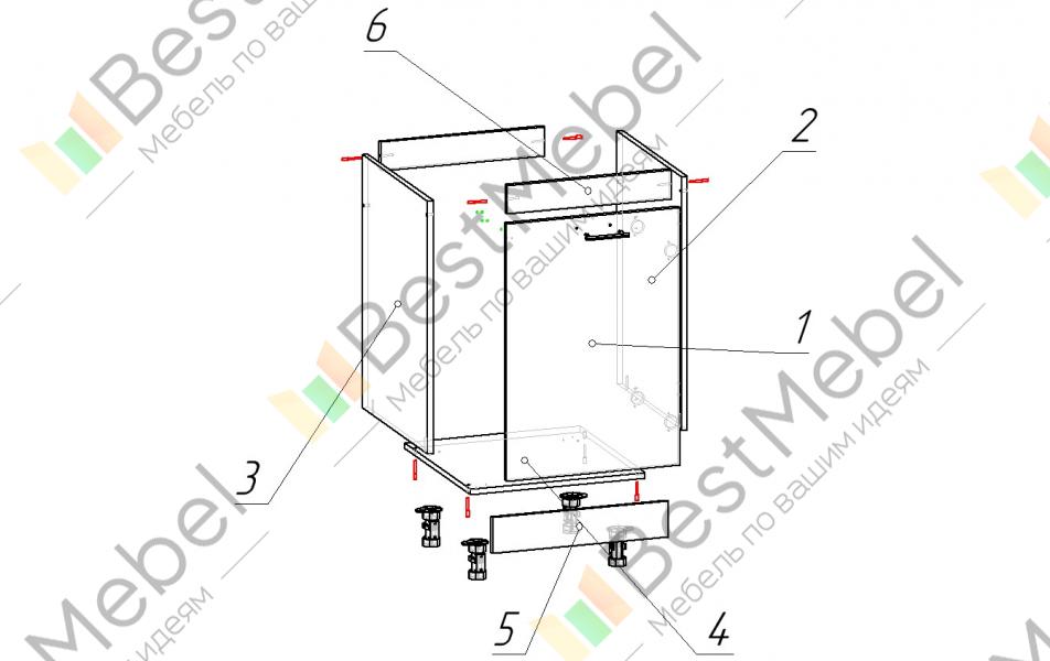 Схема нижней угловой тумбы без мойки