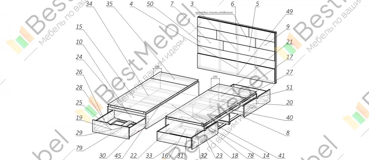 Схема сборки кровати с выкатными ящиками