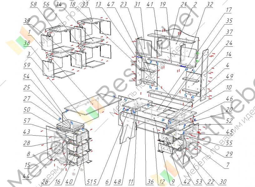 Схема сборки углового компьютерного стола с ящиками
